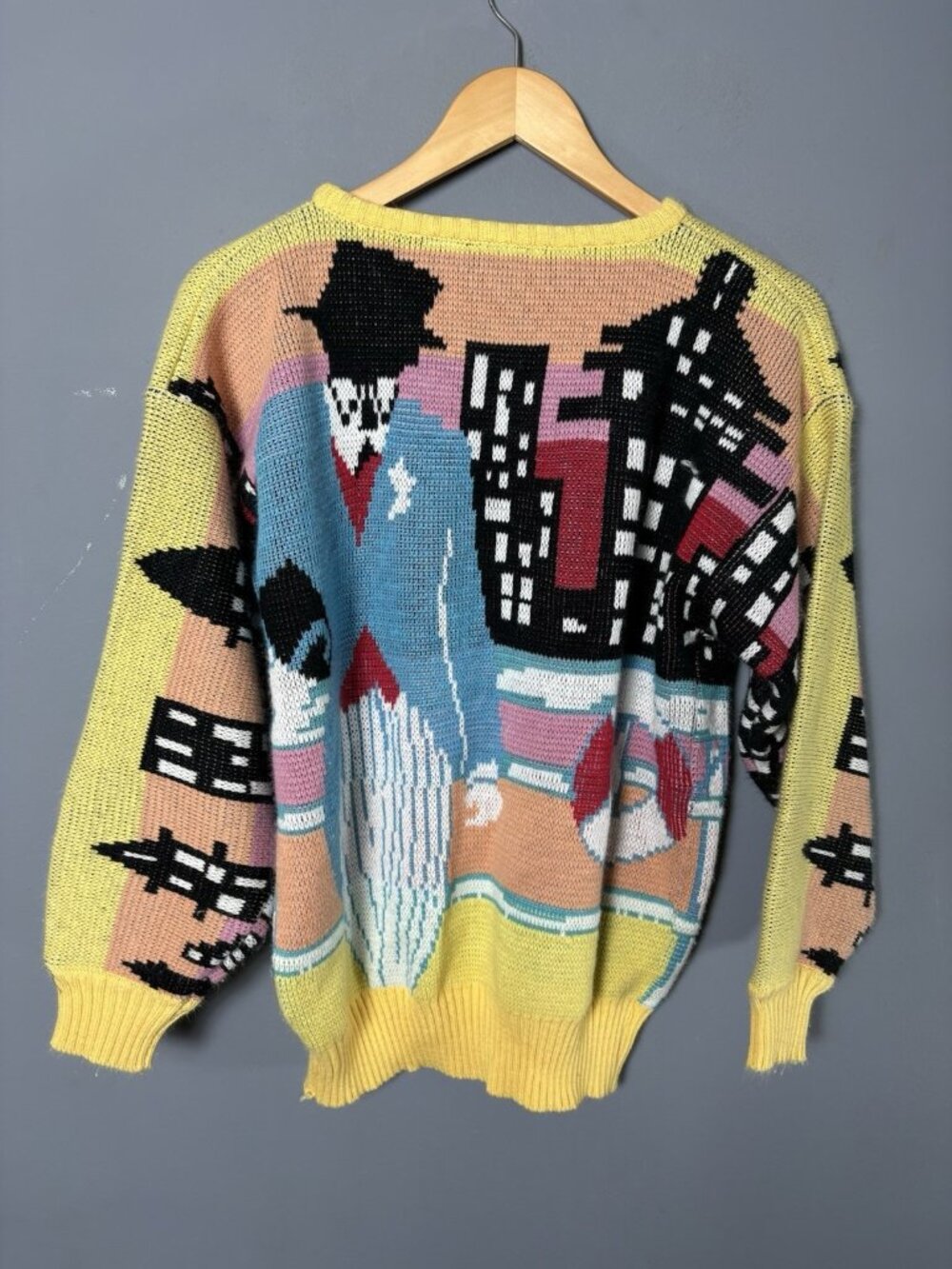 Vintage 80s Womens L City Scape Acrylic Novelty Knit Sweater by Fetagetti 1980s - Picture 5 of 6